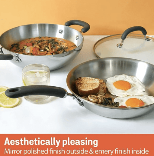 Meyer Trivantage Nickel Free Stainless Steel 3 Piece Cookware Set | Triply Cookware Set with Heavy Bottom | Induction base cookware set - 24cm Frying Pan + Kadai with Interchangeable Lid, Silver - Image 2